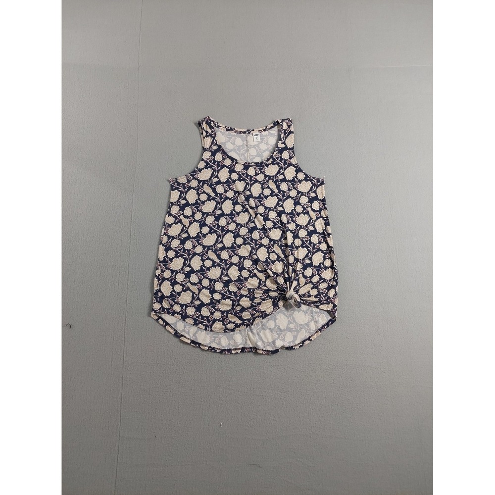 Old Navy Women Top M Navy Blue Floral Sleeveless Round Neck Knot‎ Front Summer
